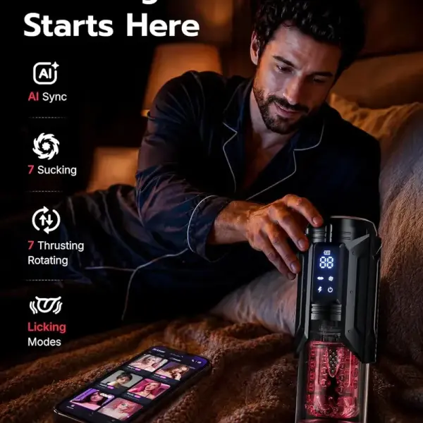 AI Sync waterproof penis pump with 7 thrusting modes for adult pleasure